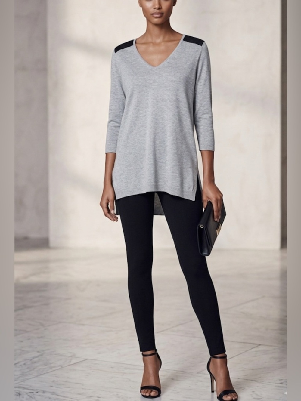 H&M Sweater S Gray Lightweight V-Neck Quilted Black Shoulder High-Low